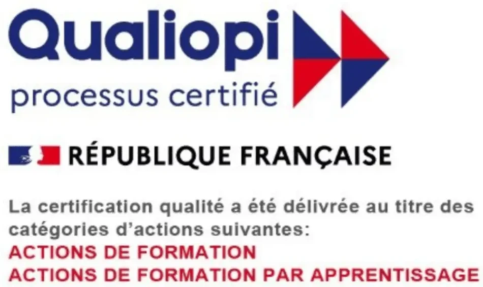Qualiopi, processus certifié, République française. La certification qualité a été délivrée au titre des catégories d'actions suivantes : actions de formation, actions de formation par apprentissage.
